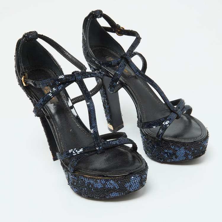 Pre Owned Louis Vuitton Black/Blue Sequins Platform Ankle Strap Sandals Size 36.5