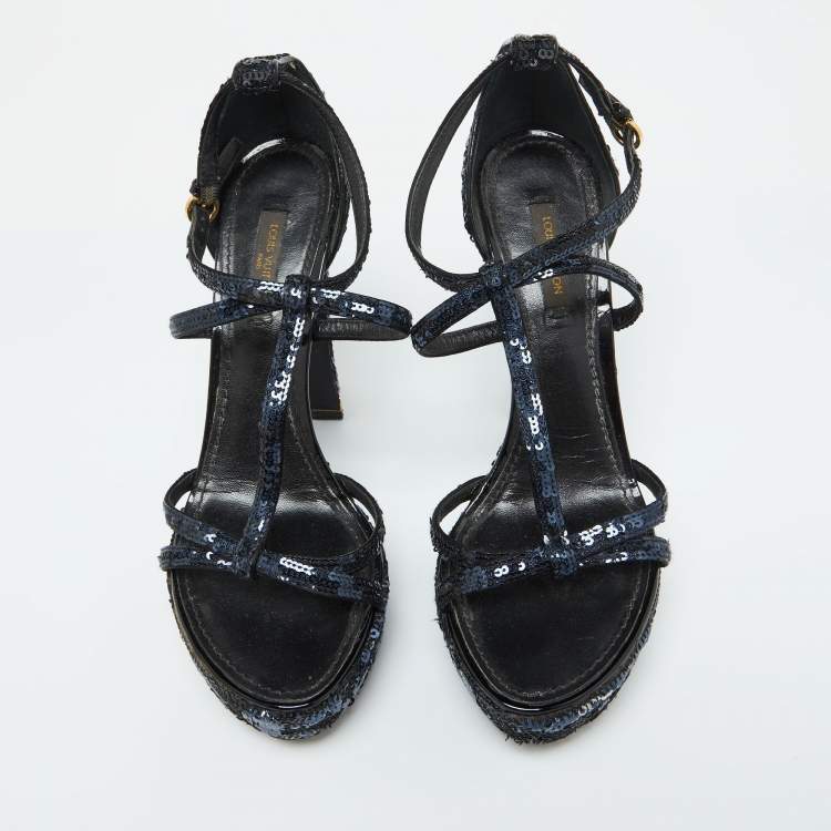 Pre Owned Louis Vuitton Black/Blue Sequins Platform Ankle Strap Sandals Size 36.5