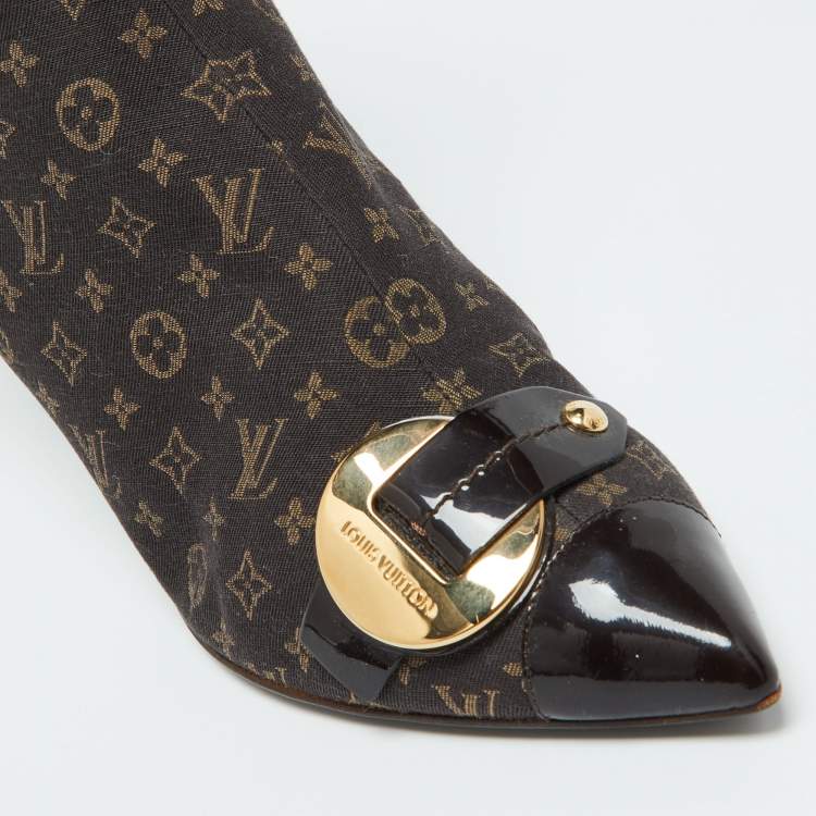 Pre Owned Louis Vuitton Brown Monogram Mini Lin Canvas and Patent Leather Ankle Length Boots 39.5