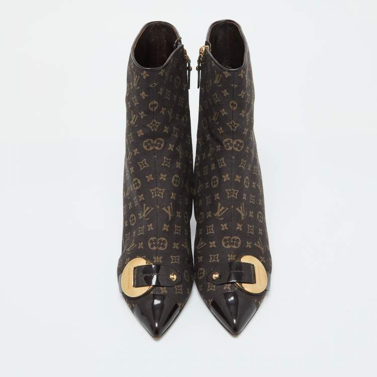 Pre Owned Louis Vuitton Brown Monogram Mini Lin Canvas and Patent Leather Ankle Length Boots 39.5