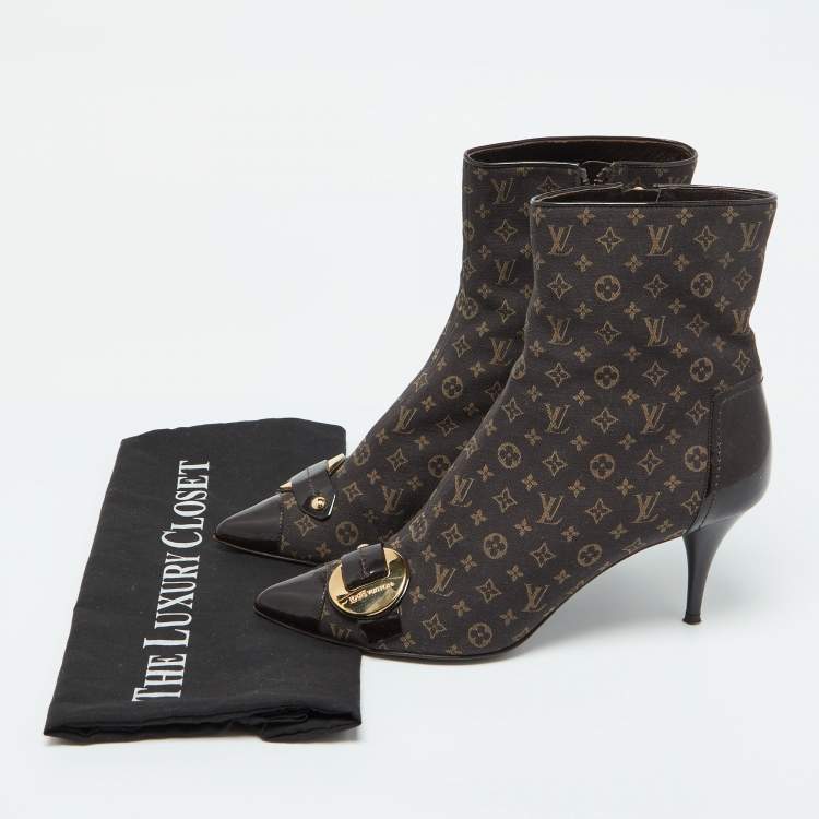Pre Owned Louis Vuitton Brown Monogram Mini Lin Canvas and Patent Leather Ankle Length Boots 39.5