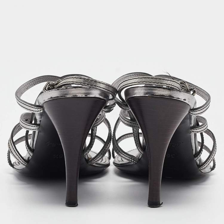 Pre Owned Louis Vuitton Silver Leather Ankle Strap Sandals Size 36.5