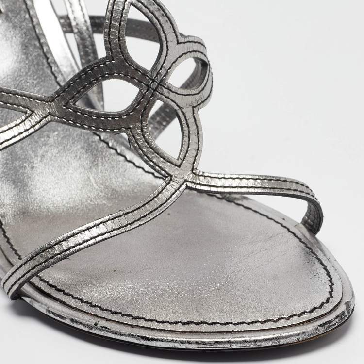 Pre Owned Louis Vuitton Silver Leather Ankle Strap Sandals Size 36.5