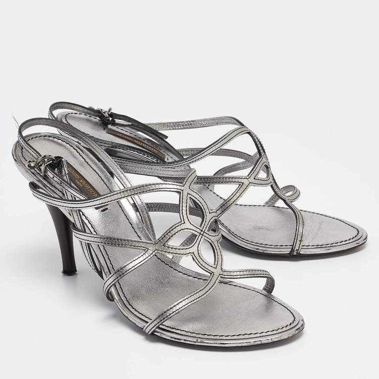 Pre Owned Louis Vuitton Silver Leather Ankle Strap Sandals Size 36.5