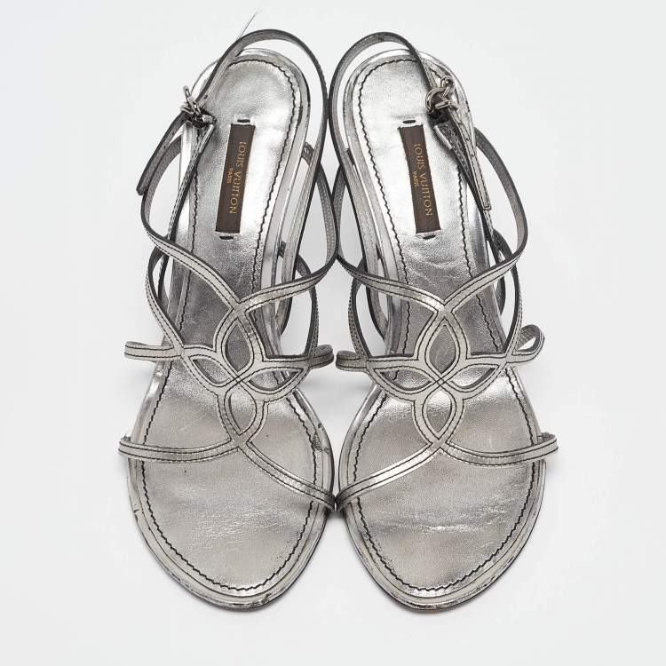 Pre Owned Louis Vuitton Silver Leather Ankle Strap Sandals Size 36.5
