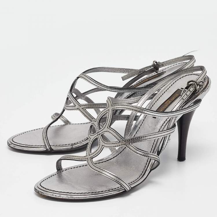 Pre Owned Louis Vuitton Silver Leather Ankle Strap Sandals Size 36.5