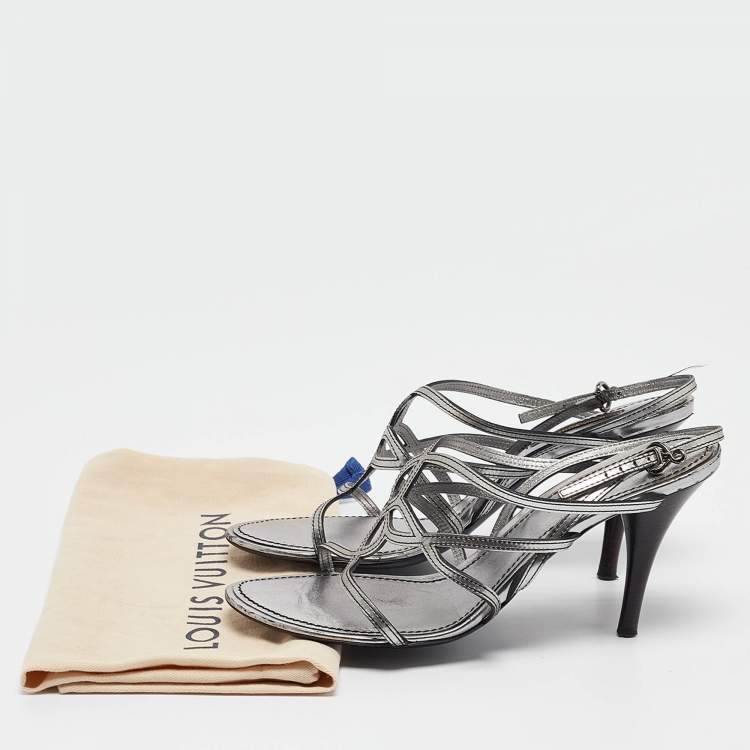 Pre Owned Louis Vuitton Silver Leather Ankle Strap Sandals Size 36.5