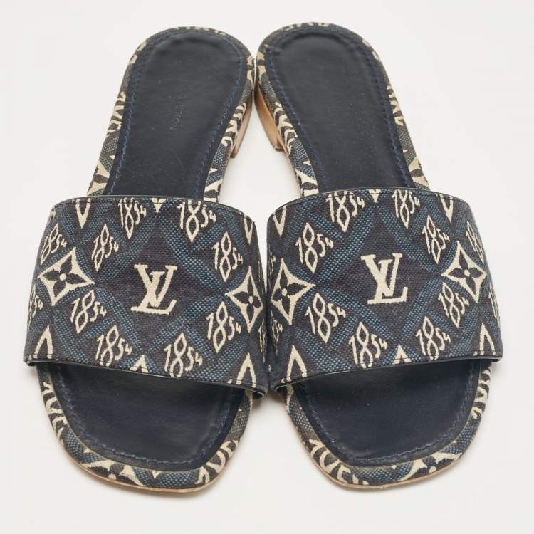 Pre Owned Louis Vuitton Blue Monogram Denim Flat Slides Size 38
