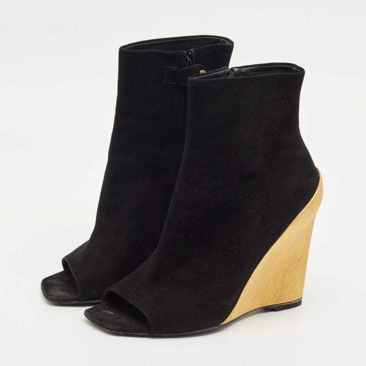 Pre Owned Louis Vuitton Black Suede Wedge Ankle Length Boots Size 38