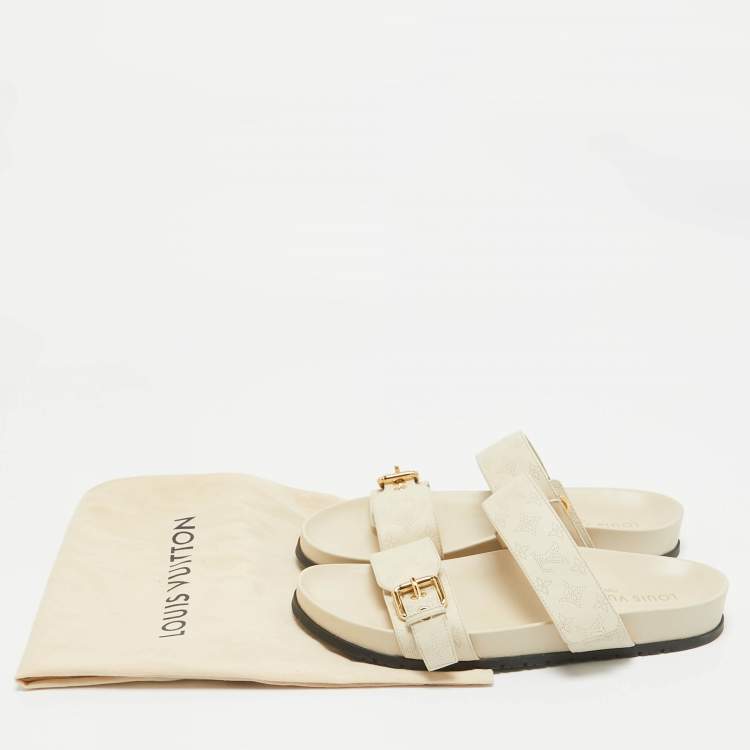 Pre Owned Louis Vuitton Cream Perforated Monogram Leather Bom Dia Slides Size 40
