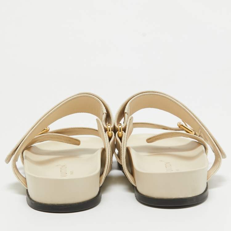 Pre Owned Louis Vuitton Cream Perforated Monogram Leather Bom Dia Slides Size 40