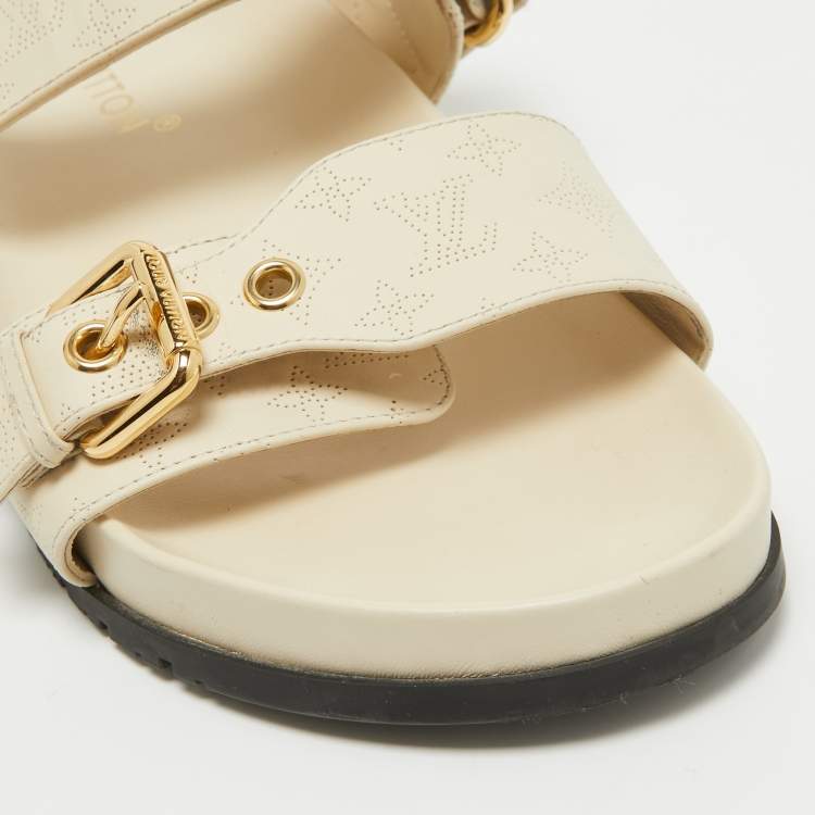 Pre Owned Louis Vuitton Cream Perforated Monogram Leather Bom Dia Slides Size 40