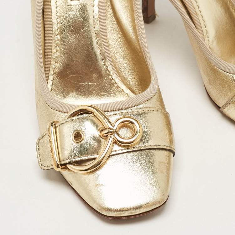 Pre Owned Louis Vuitton Gold Leather Square Toe Buckle Pumps Size 37