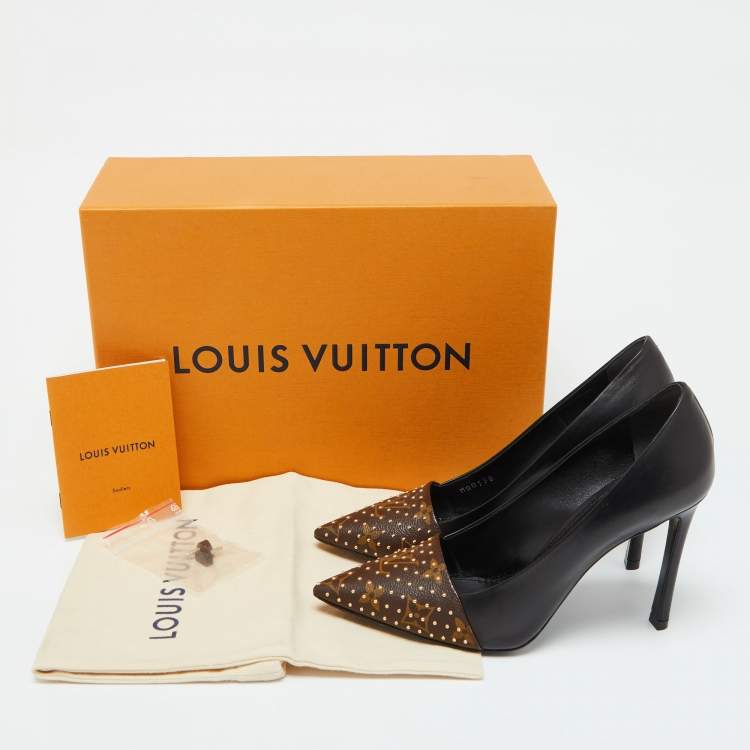 Pre Owned Louis Vuitton Black/Brown Leather and Studded Monogram Canvas Pointed Toe Pumps Size 37.5