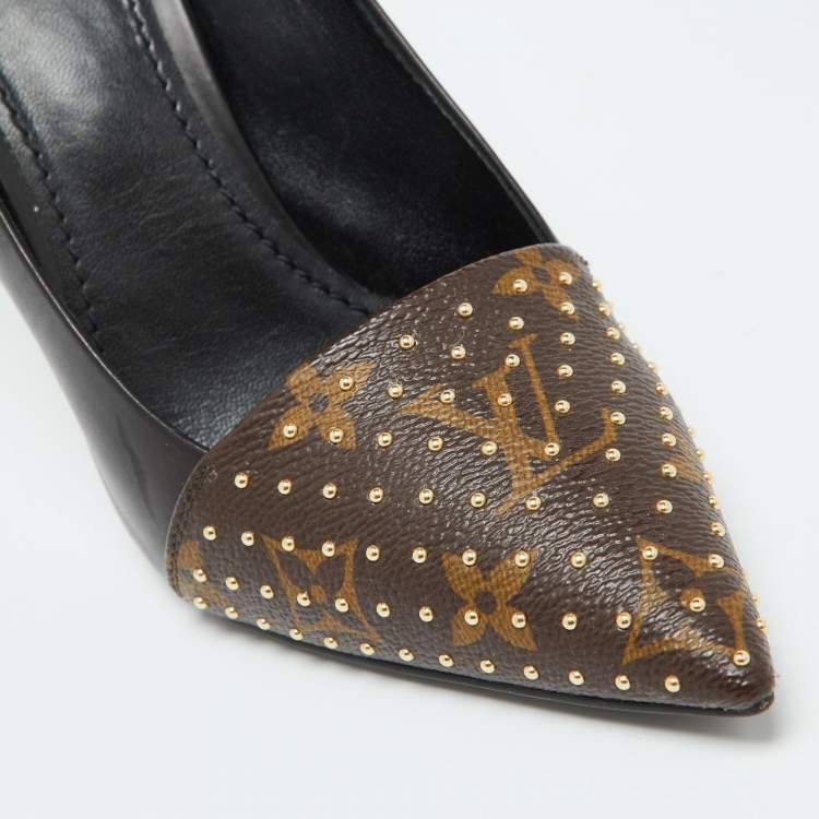 Pre Owned Louis Vuitton Black/Brown Leather and Studded Monogram Canvas Pointed Toe Pumps Size 37.5