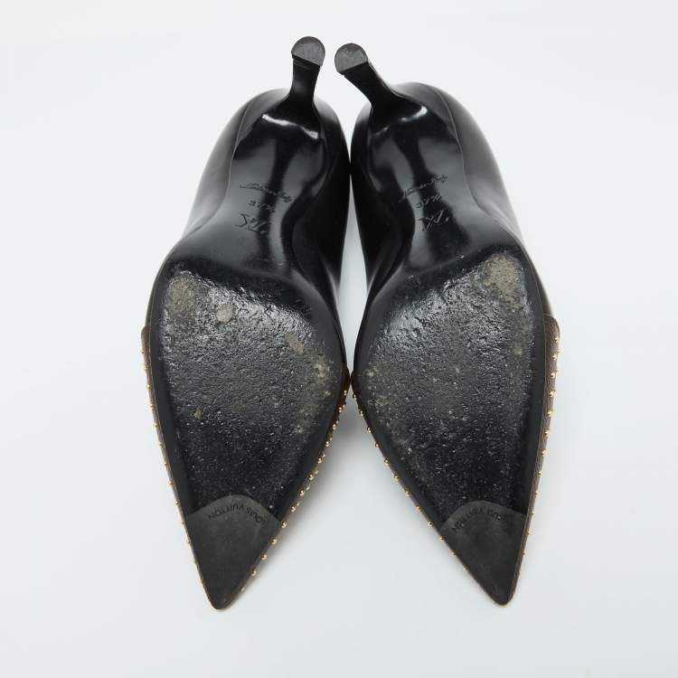Pre Owned Louis Vuitton Black/Brown Leather and Studded Monogram Canvas Pointed Toe Pumps Size 37.5