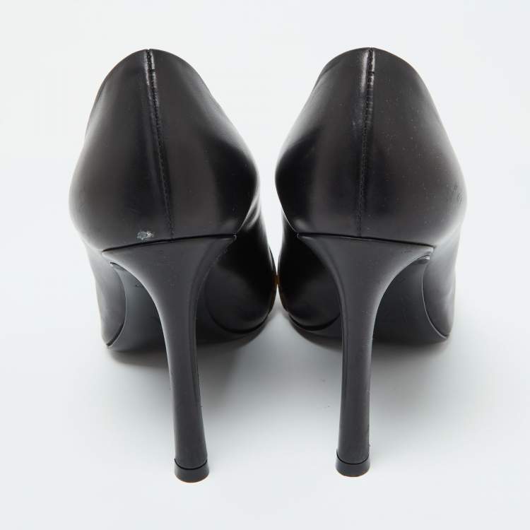 Pre Owned Louis Vuitton Black/Brown Leather and Studded Monogram Canvas Pointed Toe Pumps Size 37.5