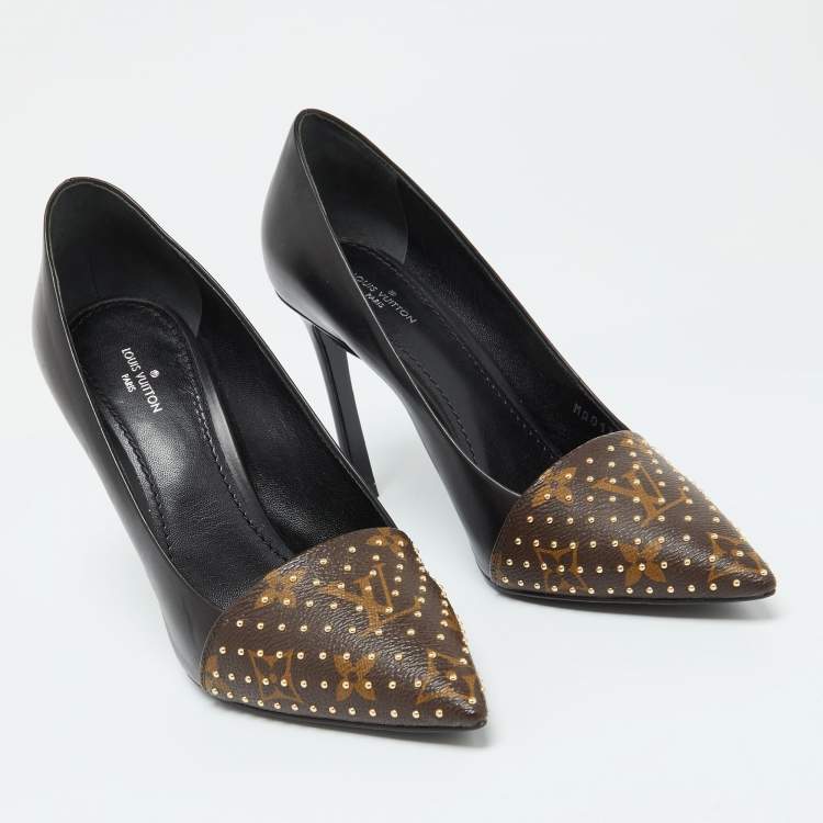 Pre Owned Louis Vuitton Black/Brown Leather and Studded Monogram Canvas Pointed Toe Pumps Size 37.5
