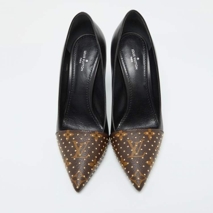 Pre Owned Louis Vuitton Black/Brown Leather and Studded Monogram Canvas Pointed Toe Pumps Size 37.5