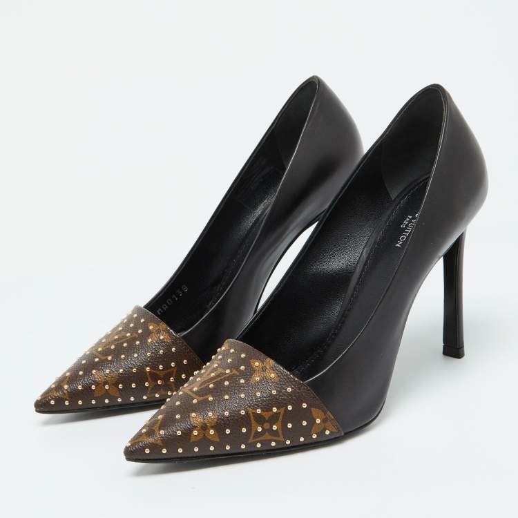 Pre Owned Louis Vuitton Black/Brown Leather and Studded Monogram Canvas Pointed Toe Pumps Size 37.5