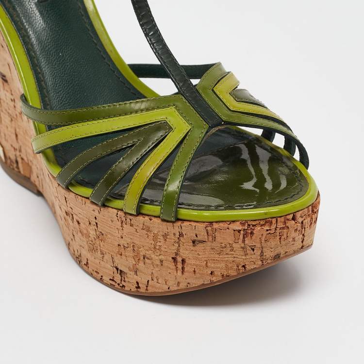 Pre Owned Louis Vuitton Green Patent Leather Summertime Cork Wedge Sandals Size 38