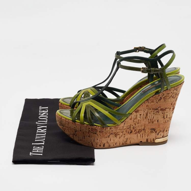Pre Owned Louis Vuitton Green Patent Leather Summertime Cork Wedge Sandals Size 38