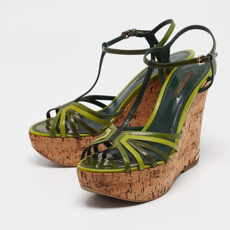 Pre Owned Louis Vuitton Green Patent Leather Summertime Cork Wedge Sandals Size 38