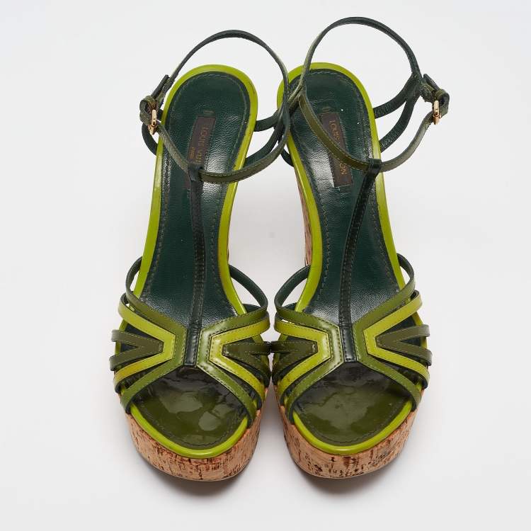 Pre Owned Louis Vuitton Green Patent Leather Summertime Cork Wedge Sandals Size 38