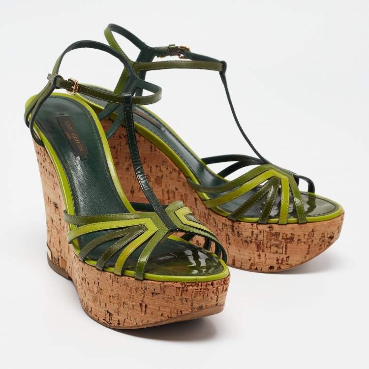 Pre Owned Louis Vuitton Green Patent Leather Summertime Cork Wedge Sandals Size 38