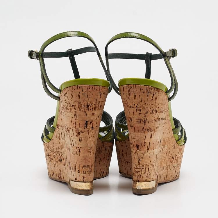 Pre Owned Louis Vuitton Green Patent Leather Summertime Cork Wedge Sandals Size 38