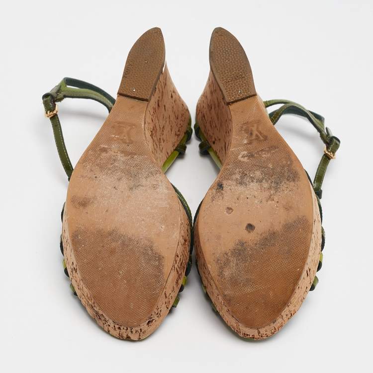 Pre Owned Louis Vuitton Green Patent Leather Summertime Cork Wedge Sandals Size 38
