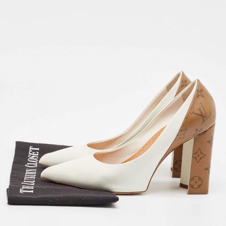 Pre Owned Louis Vuitton White/Brown Leather and Monogram Canvas Matchmake Pumps Size 40