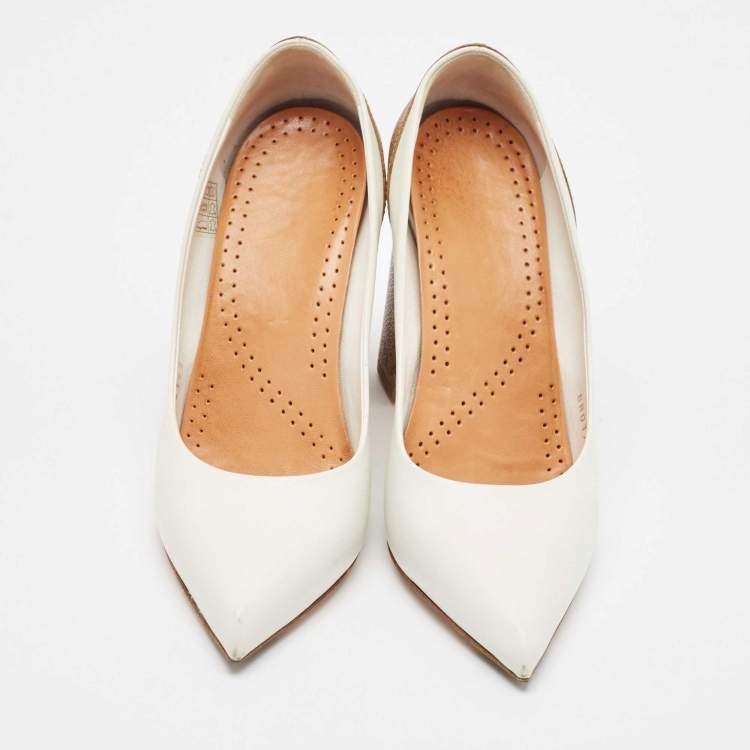 Pre Owned Louis Vuitton White/Brown Leather and Monogram Canvas Matchmake Pumps Size 40
