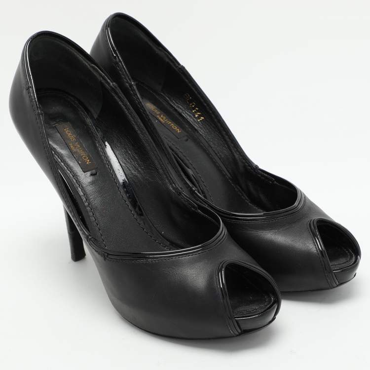 Pre Owned Louis Vuitton Black Leather Peep Toe Pumps Size 38