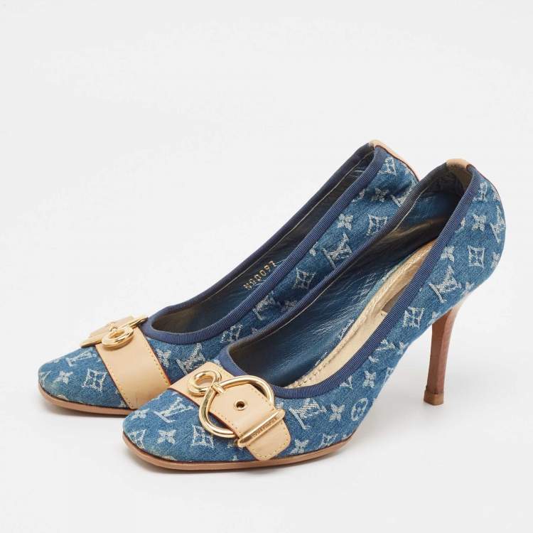 Pre Owned Louis Vuitton Blue Denim and Leather Pumps Size 37.5