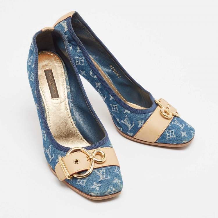 Pre Owned Louis Vuitton Blue Denim and Leather Pumps Size 37.5