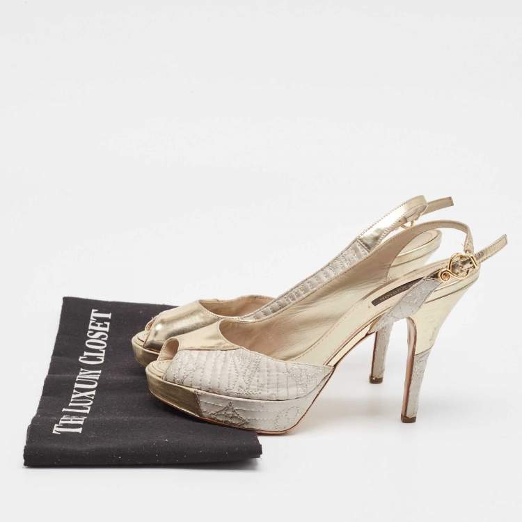 Pre Owned Louis Vuitton Grey/Gold Leather and Satin Peep Toe Pumps Size 37