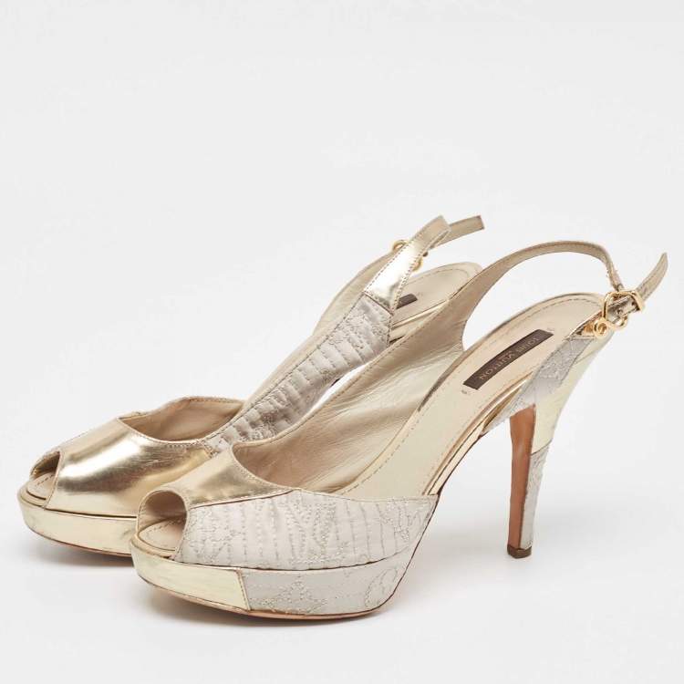 Pre Owned Louis Vuitton Grey/Gold Leather and Satin Peep Toe Pumps Size 37
