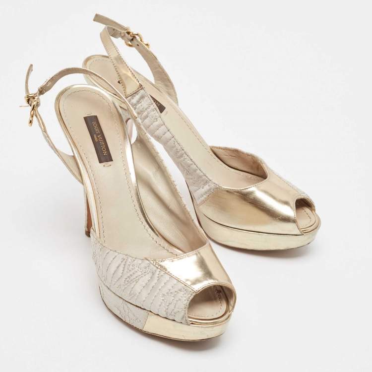 Pre Owned Louis Vuitton Grey/Gold Leather and Satin Peep Toe Pumps Size 37