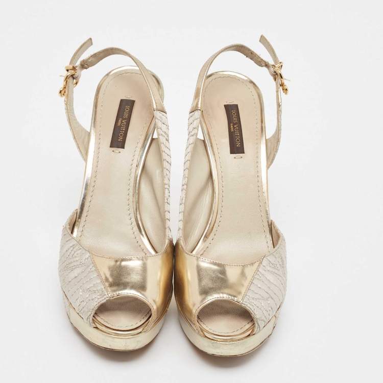 Pre Owned Louis Vuitton Grey/Gold Leather and Satin Peep Toe Pumps Size 37