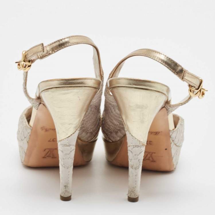 Pre Owned Louis Vuitton Grey/Gold Leather and Satin Peep Toe Pumps Size 37