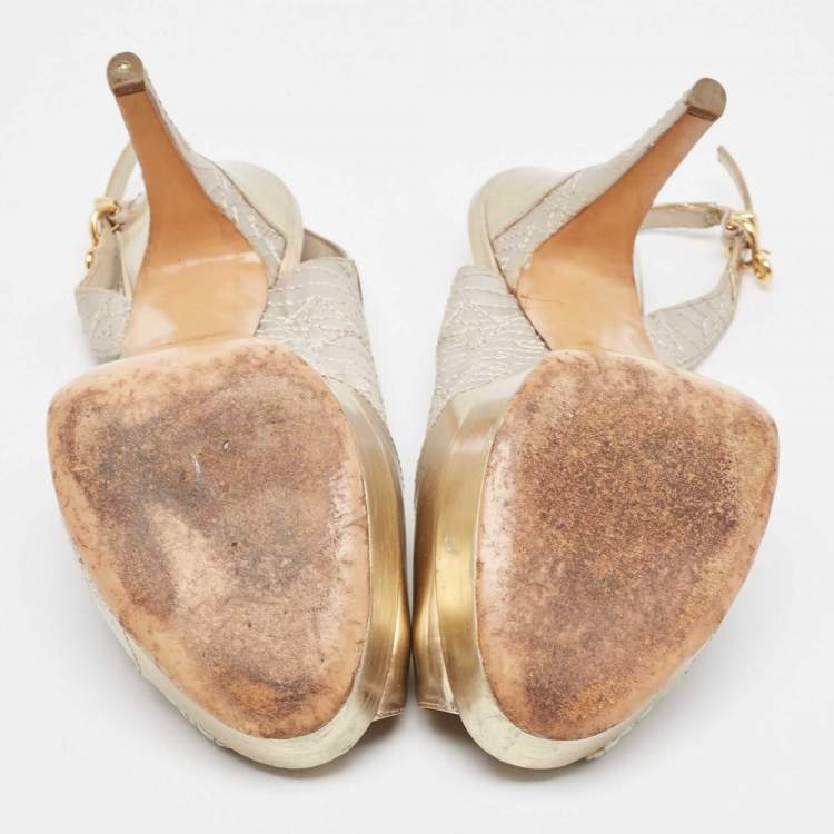 Pre Owned Louis Vuitton Grey/Gold Leather and Satin Peep Toe Pumps Size 37
