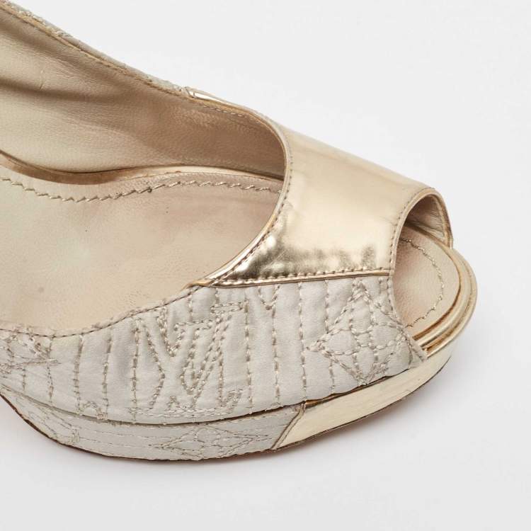 Pre Owned Louis Vuitton Grey/Gold Leather and Satin Peep Toe Pumps Size 37