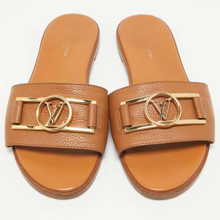 Pre Owned Louis Vuitton Brown Leather Lock It Flat Sandals Size 36.5