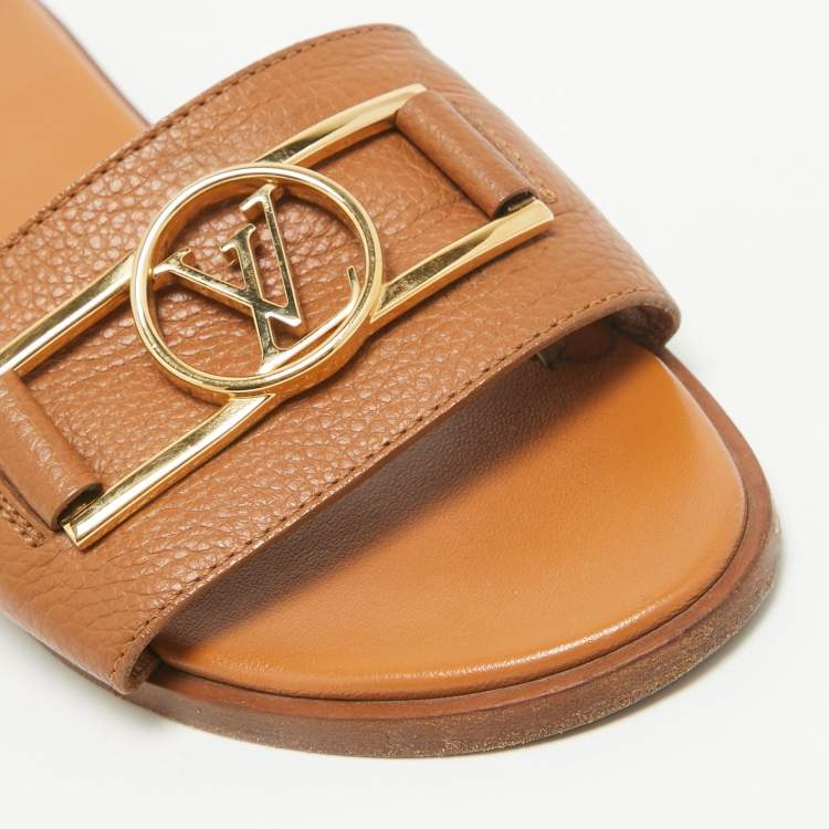 Pre Owned Louis Vuitton Brown Leather Lock It Flat Sandals Size 36.5
