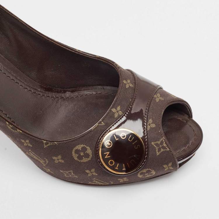 Pre Owned Louis Vuitton Brown Canvas and Patent Leather Peep Toe Pumps Size 38.5
