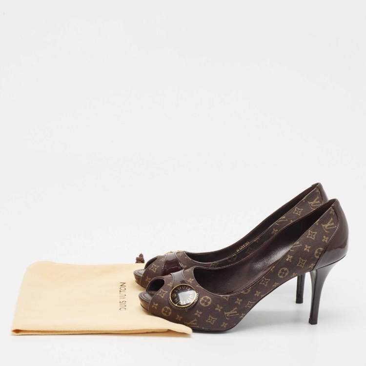 Pre Owned Louis Vuitton Brown Canvas and Patent Leather Peep Toe Pumps Size 38.5