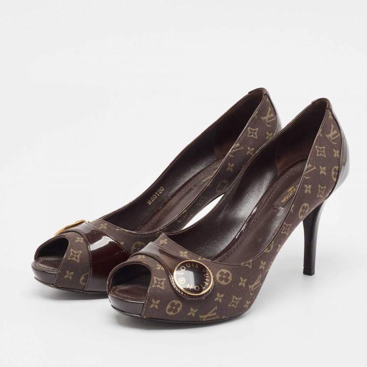 Pre Owned Louis Vuitton Brown Canvas and Patent Leather Peep Toe Pumps Size 38.5