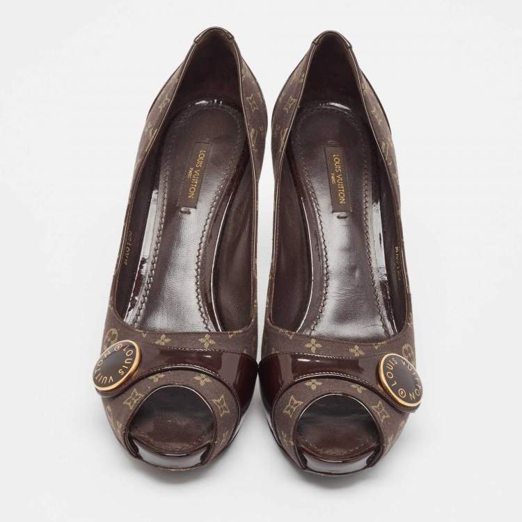 Pre Owned Louis Vuitton Brown Canvas and Patent Leather Peep Toe Pumps Size 38.5