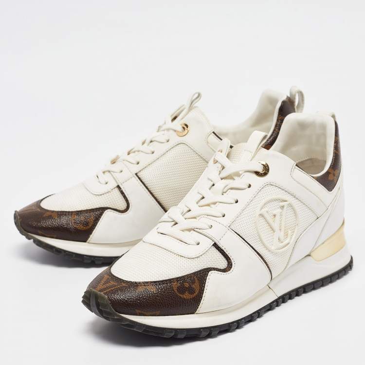 Pre Owned Louis Vuitton White/Brown Monogram Canvas and Leather Run Away Sneakers Size 39